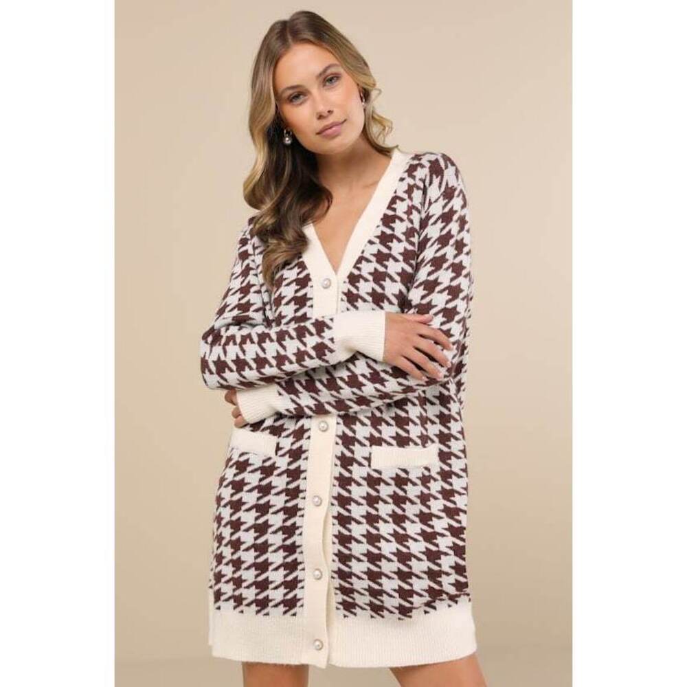 Lulus x LUSH Truly Iconic Ivory And Brown Houndstooth Cardigan Sweater Dress